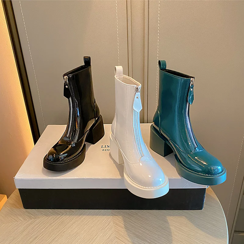 

Patent Leather Front Zip Female Platform Ankle Boots Designer Spring Autumn Street Style Chunky Heels Booties Women Shoes Mujer