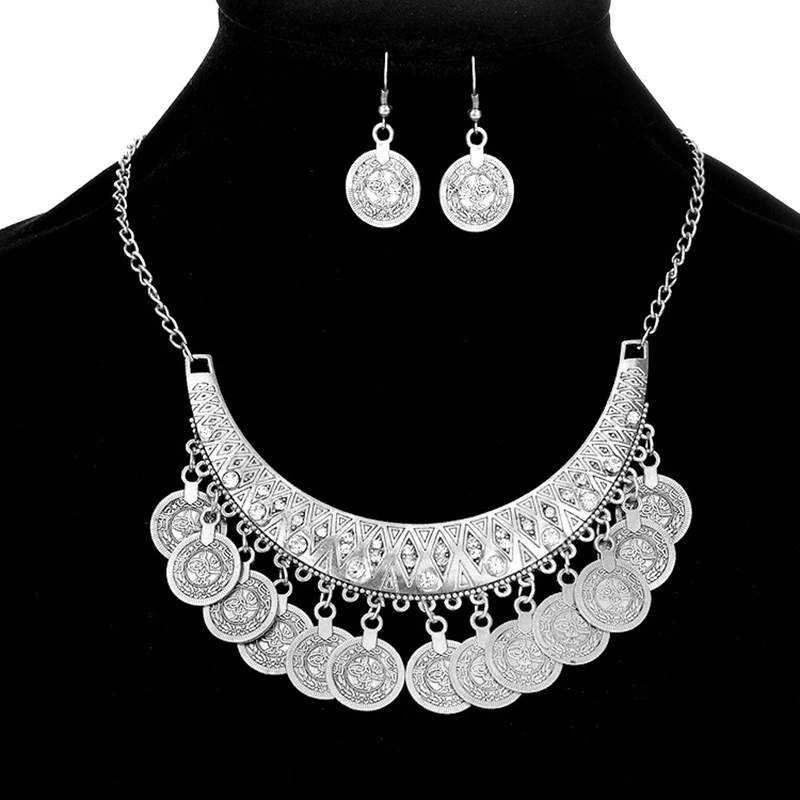 Bohemian Gypsy Coin Pendant Tribal Charms Indian Statement Tassel Earring Necklace Set Ethnic Carved Coins Chokers Necklaces