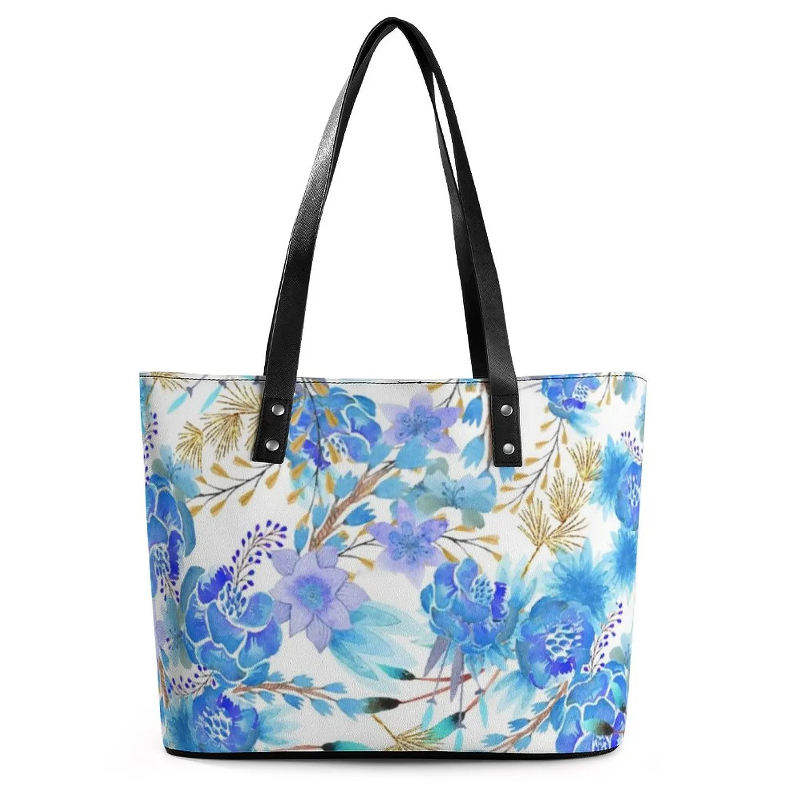 

Elegant Gold Lavender Blue Handbags Floral Print Trendy Grocery Tote Bag Streetwear Shoulder Bag Handle PU Leather Shopper Bags