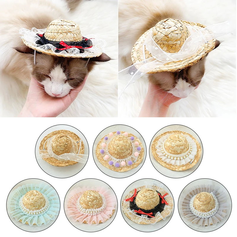 

Cute Pet Woven Straw Hat Pearl Lace Sun Sombrero for Small Dogs Cats Beach Party Straw Costume Accessories Pet Visor Straw Hats