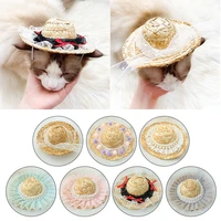 cute pet woven straw hat pearl lace sun sombrero for small dogs cats beach party straw costume accessories pet visor straw hats