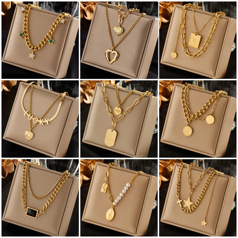 

DIEYURO 316L Stainless Steel Gold Color Multilayer Necklace For Women Hip Hop Punk Street Trend Chain Choker Girls Jewelry Gift