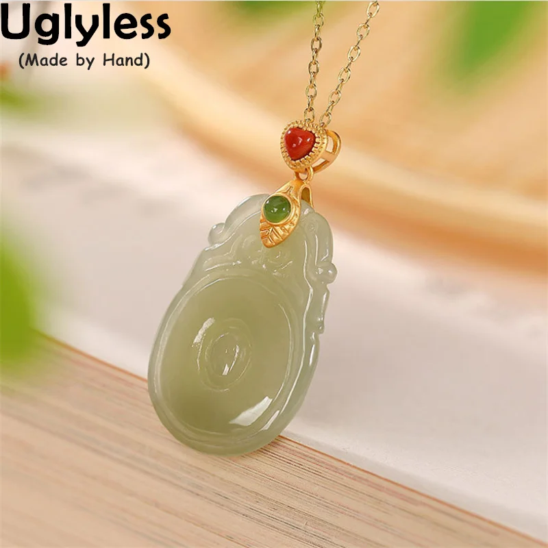 

Uglyless Oriental Flavor Irregular Peace Buttons Gemstones Necklaces for Women Nature Jade Nephrite Pendants 925 Silver NO Chain