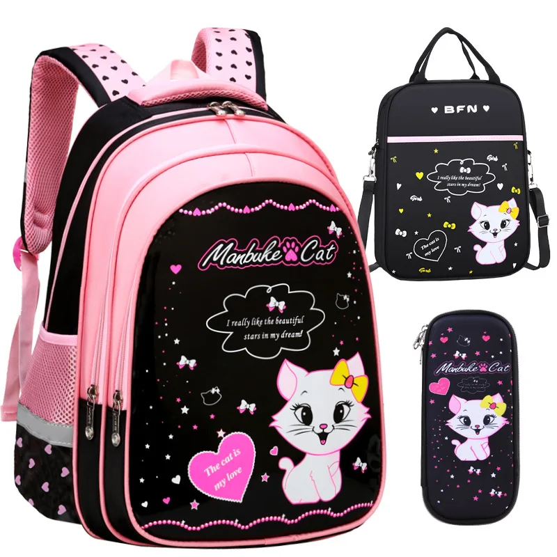 

Grade 1-6 Children School Bags for Girls Cat Print Schoolbag Primary Cartoon School Backpack Kids School Backpack Set