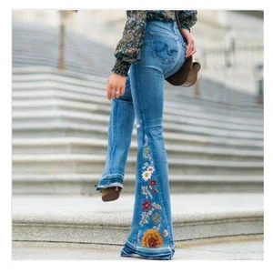 Embroidered Trousers Denim Bell Bottom Pants Ventilation High Street Wide Legged Women Elasticity Br in USA (United States)