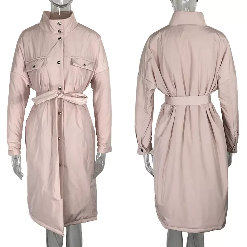 2022New Spring Single Breasted Parkas Women Fashion Stand Collar Coat Women Solid Tie Belt Simple Cotton Jackets Female Ladies