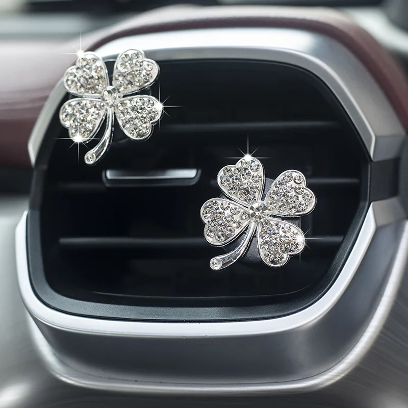 

Автомобильные зажимы для вентиляционных отверстий с четырьмя листами клевера, блестящий декор для автомобиля со стразами, гламурные аксессуары для салона автомобиля для девочек