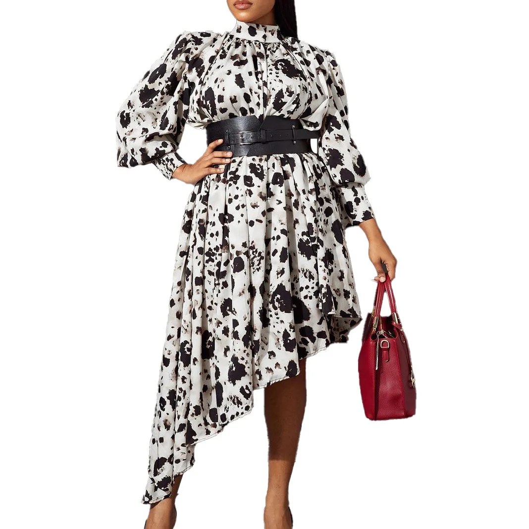 

Ins Holiday Stand Collar Loose Print Irregular Dress Long Sleeve Women Elegant Dress OL Business Work Wear Vestidos With Belt
