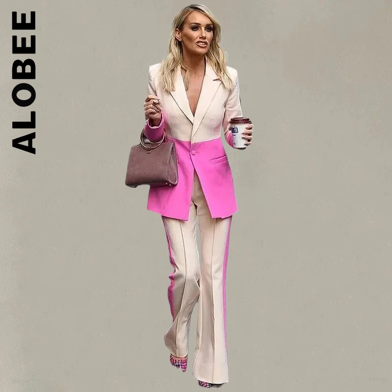 

Alobee Women Set New Loose Single Button Color Block Blazer Flare Pants Two Piece Set Sexy Soft Women's Warm Suit Female