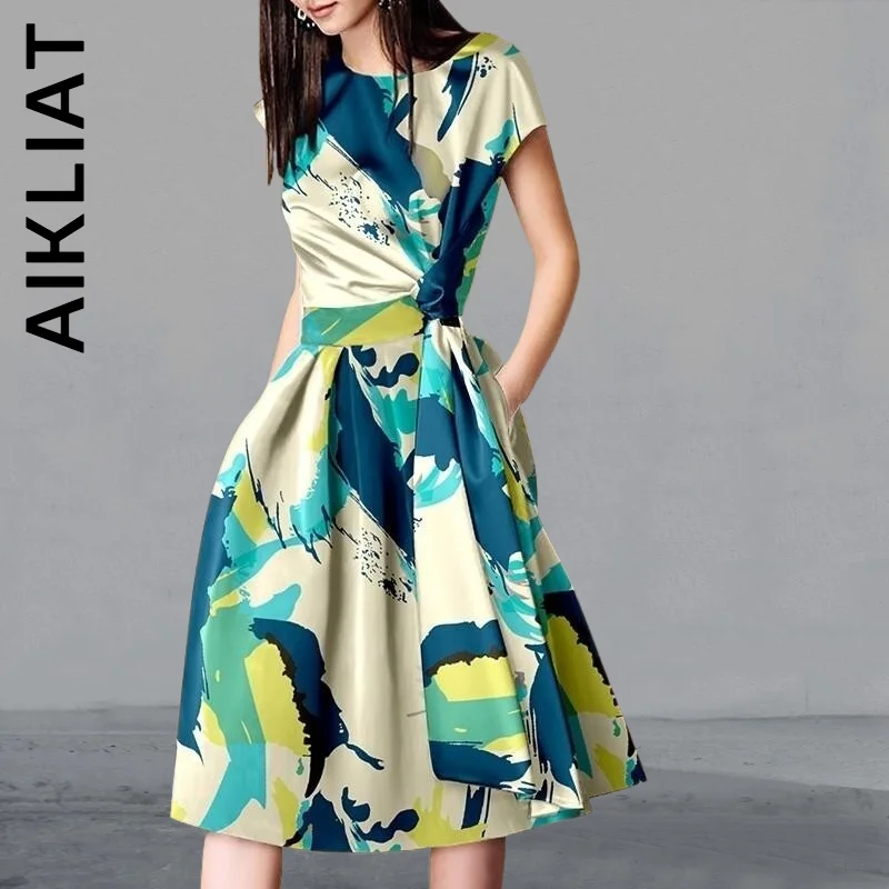 

Aikliat New Dress Women Short Sleeve Simple Cheap Streetwear Midi Dress Women Dress Multicolor Floral Print Female Dresses Woman
