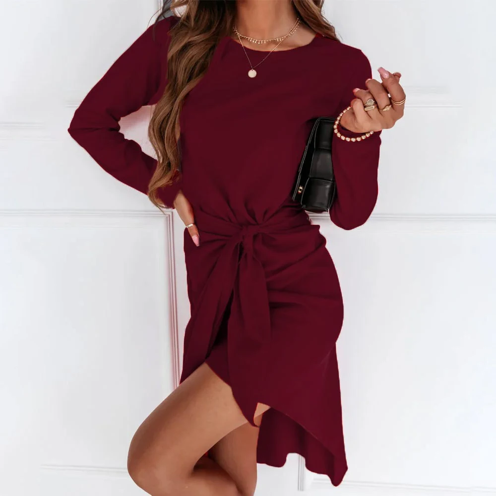 

2022 Casual Office Dress Ladies Elegant Belt Irregular Dress Autumn Long Sleeve O-neck Green Black Knee-length Dresses For Women