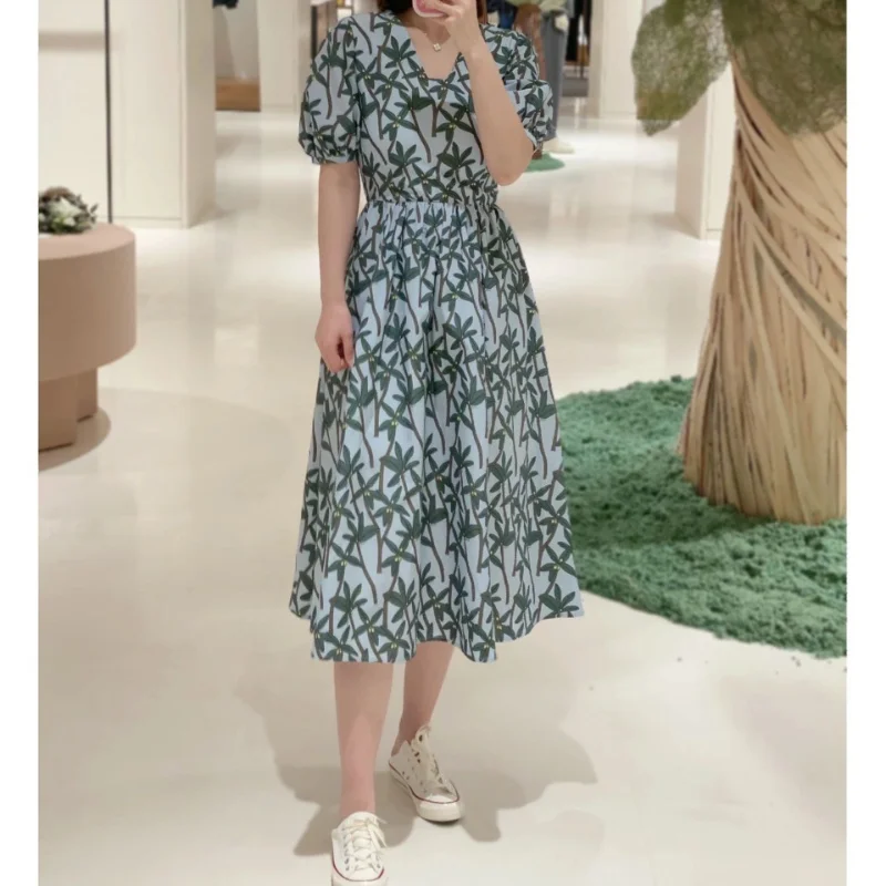 

Cotton Print Bubble Sleeve Dress Summer Holiday Casual Dress