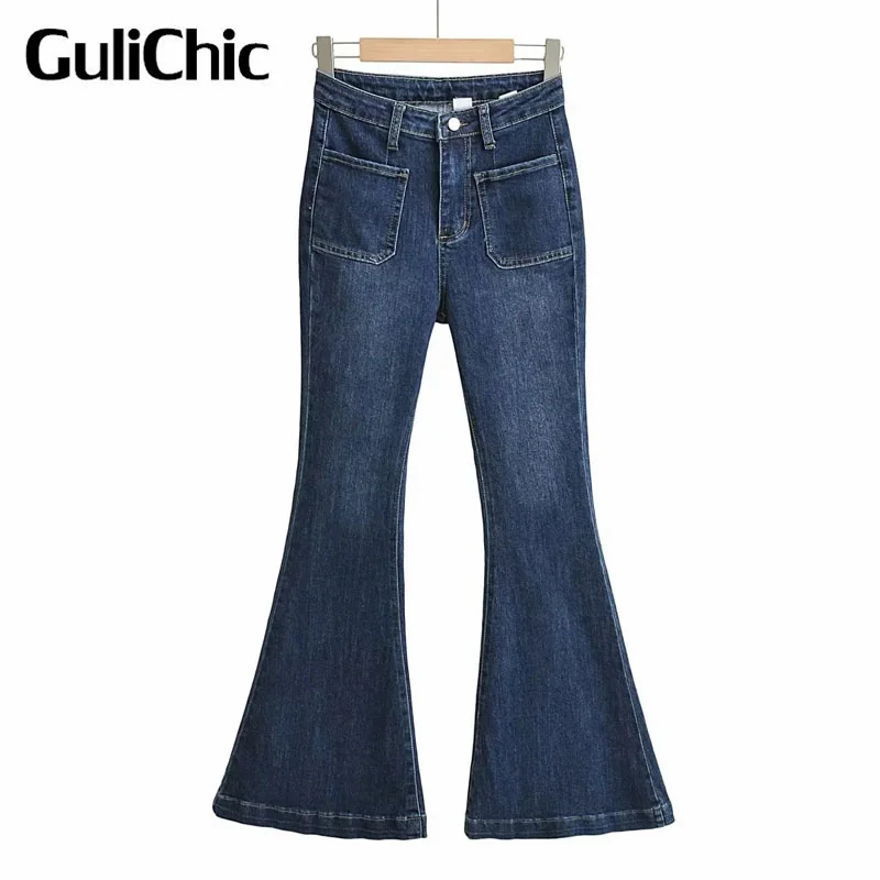 

8.20 GuliChic Women Vintage Fashion Slim Double Pocket Design Mid Casual Waist Flare Jeans