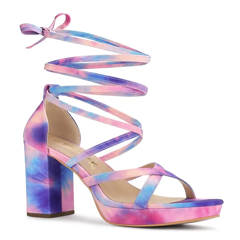

Women's Lace Up Tie Dye Platform Block Heel Sandals