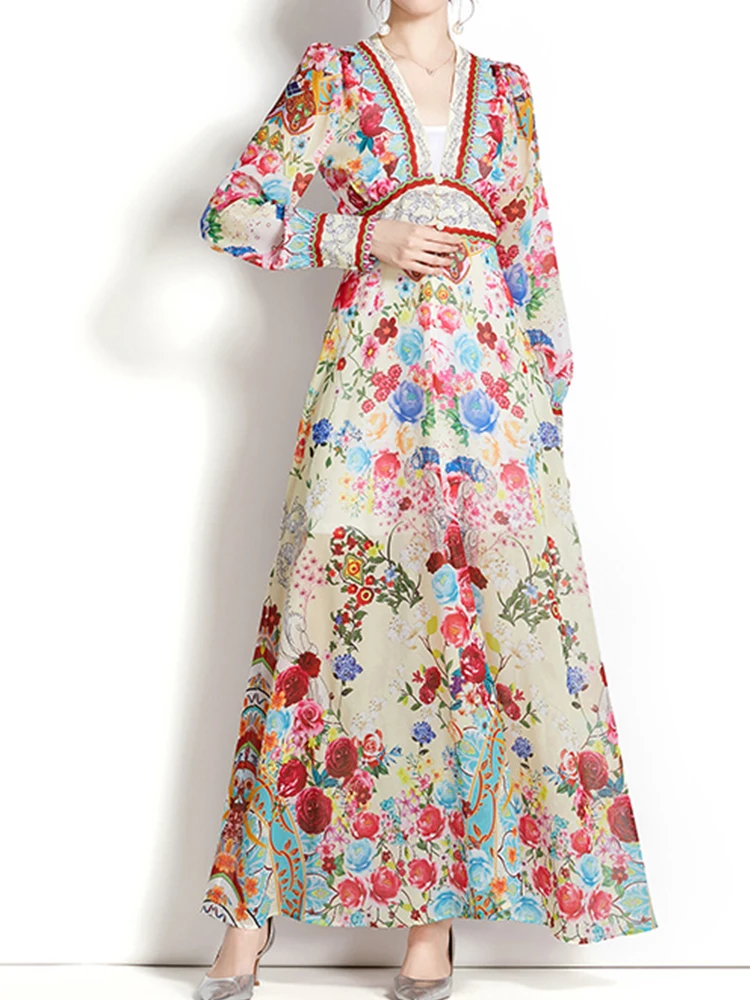 

Женское шифоновое платье с принтом, винтажное длинное платье с глубоким V-образным вырезом и рукавами-фонариками, весна-лето 2023