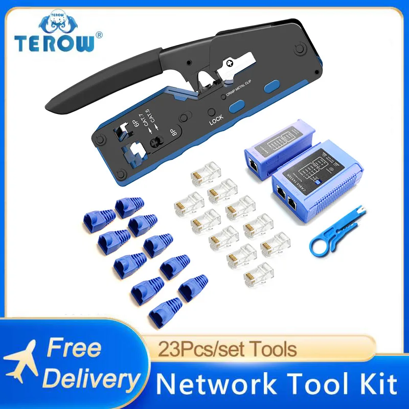 

TEROW 24pcs Network Tool Kit RJ45 Crimping Tool Pliers LAN Cable Tester Wire Stripper Connectors RJ45/RJ11/RJ12/CAT5/CAT6/Cat5e