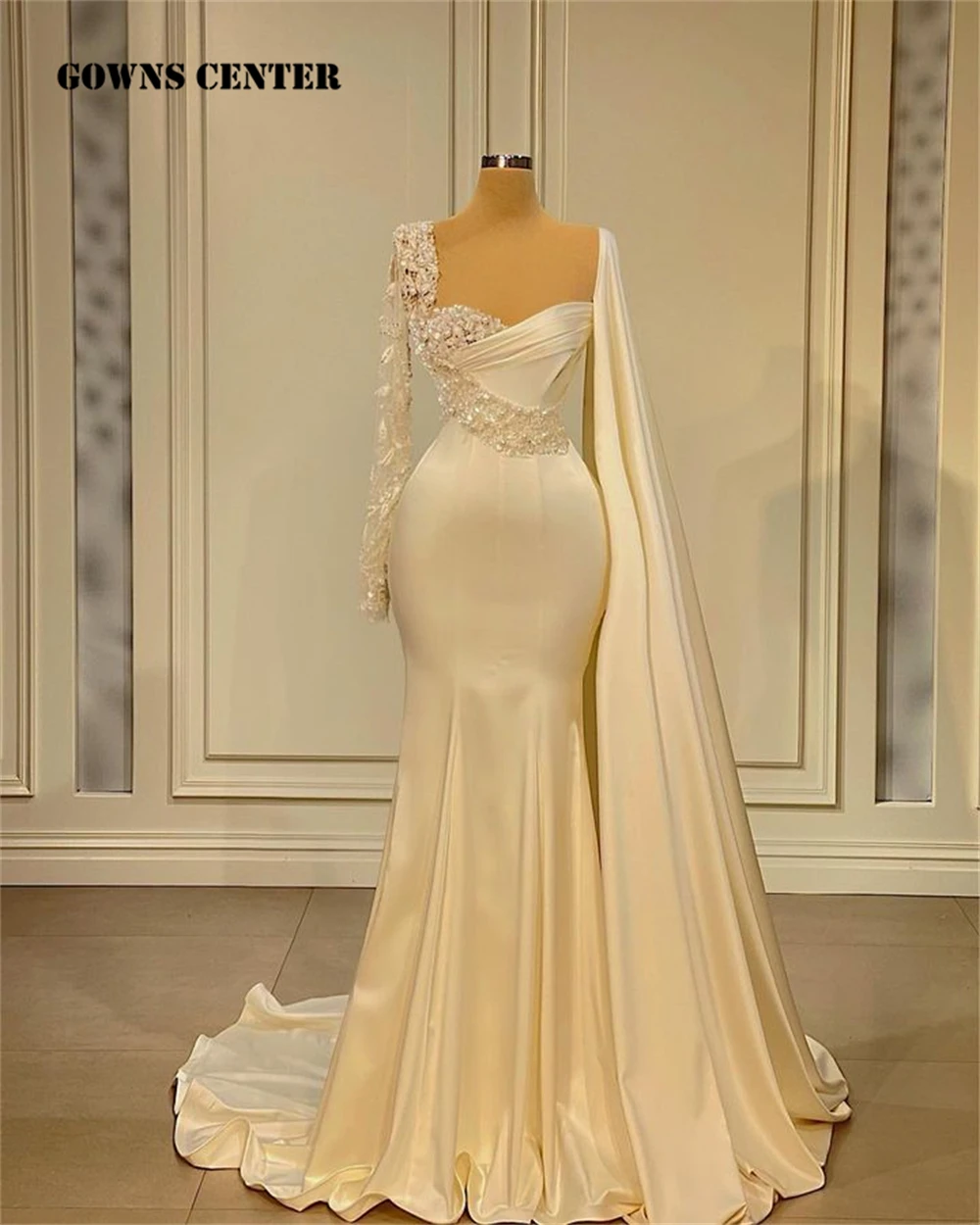 

Popular Lace Applique Long Sleeves Mermaid Wedding Dress With Cape Luxury Engagement Gowns Satin Illusion Vestido De Noiva