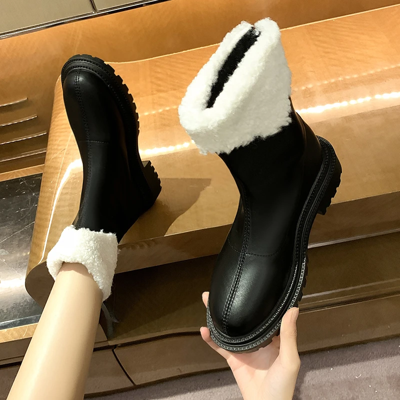 2022 New Ankle Boots for Women Thick Bottom Round Toe Leather Boots Winter Warm All-match Botas Feminina Platform Shoes