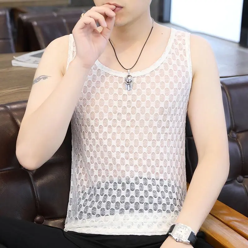 

Korean Style Clothes Summer New Round Neck Ice Silk Fabric Tank Tops 2023 Man Black White Motion Refreshing Sling