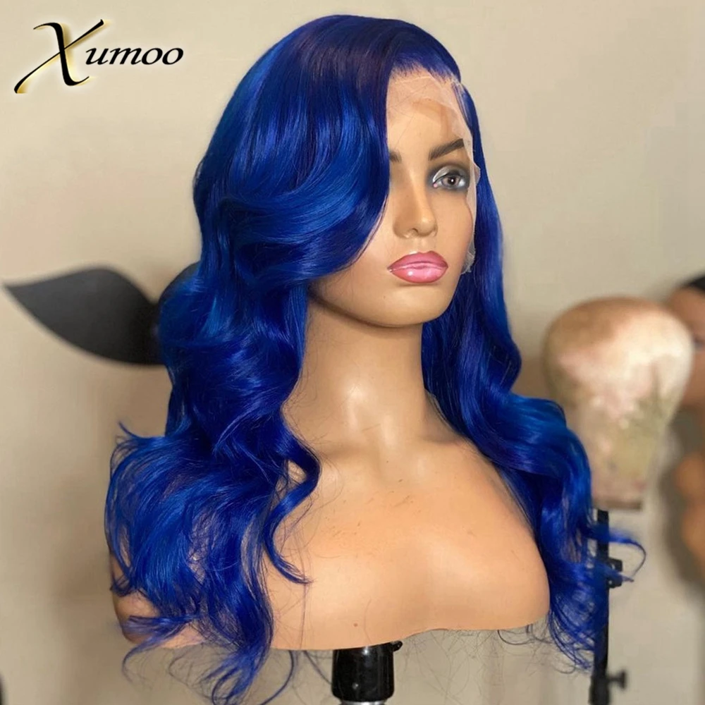 Blue Colored Brazilian Remy Human Hair 13x4 Lace Frontal Wigs Body Wave 150 Density Pre Plucked 4x4 Closure Wig For Black Women