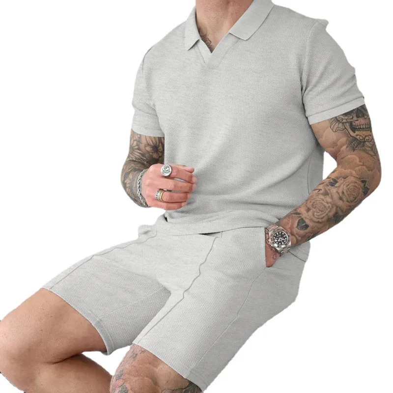 Men's Two -piece Two -piece Herfger Lapel Solid Color Thin Casual POLO Short -sleeved Shorts Set