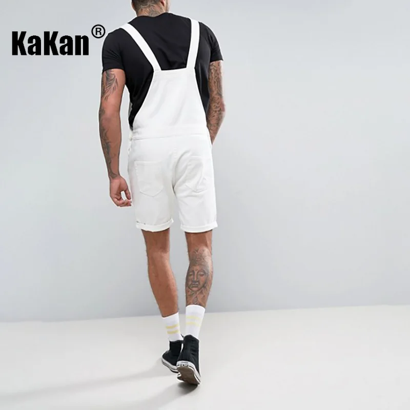 Kakan - New Street Trendy Men's Strap Short Jeans From Europe and America, White Straight Strap One Piece Jeans K34-211