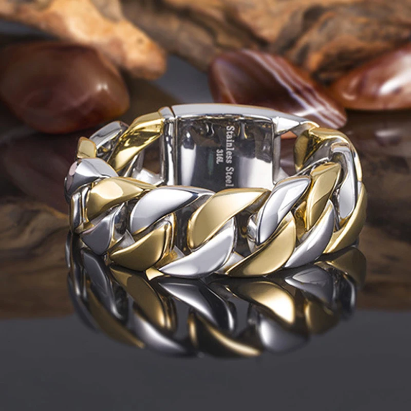 

20/24MM Wide Polished Stainless Steel Men's Curb Cuban Wrist Bracelet Luxury Never Fade Gold Plated Women Bike Bangle Jewelry
