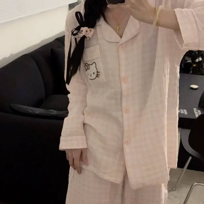 Sanrio Cotton Gauze Pajamas Hello Kitty Women's Pure Cardigan Long-sleeved Trousers Plaid Home Wear Two-piece Set