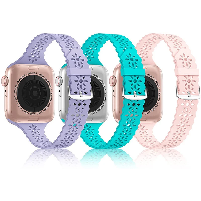 

Silicone Rubber Strap For Apple Watch 40mm 44mm 41mm 45mm Women Bracelet For iWatch SE 7 6 5 4 Plum Blossom Lace Watchband