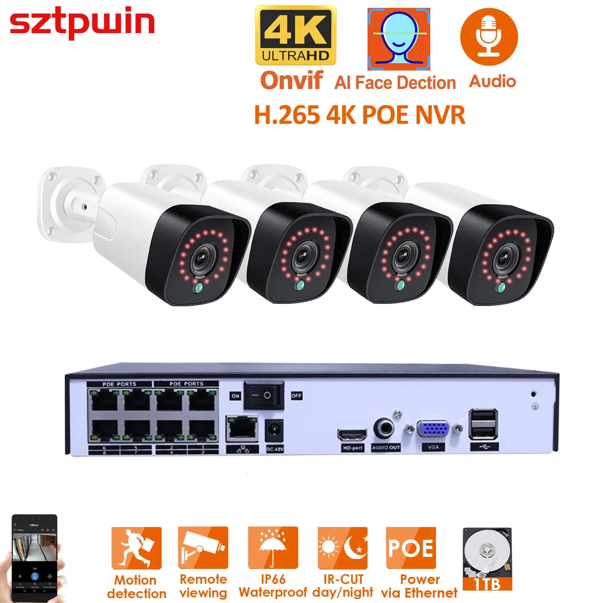 H.265 + 4CH 4k 8MP POE CCTV Camera System Kit аудио рекордер Rj45 распознавание лица IP-камера наружная