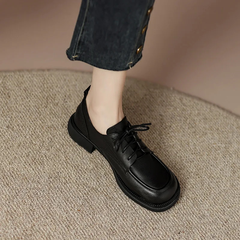 

2023 Women Pumps Spring Autumn Microfiber Leather Working Casual Students Classic Lace-Up Low Heels Shoes Woman Retro Style