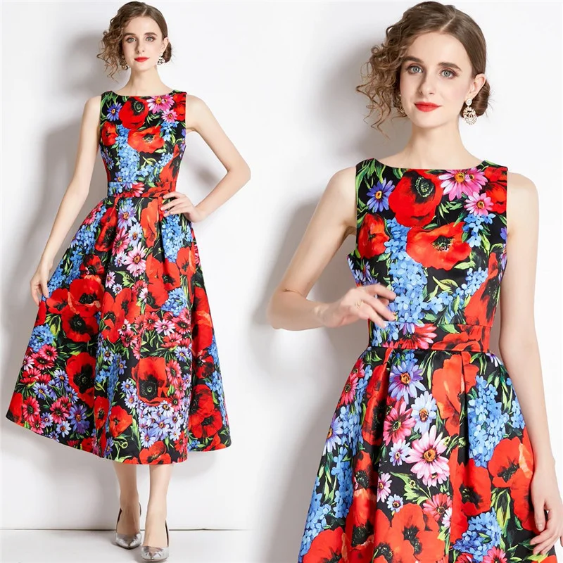 

Occident Elegant Women Autumn Sweet Dresses Colorful Flower Pattern Big Swing High Waist Temperament Sleeveless Cute Vestidos