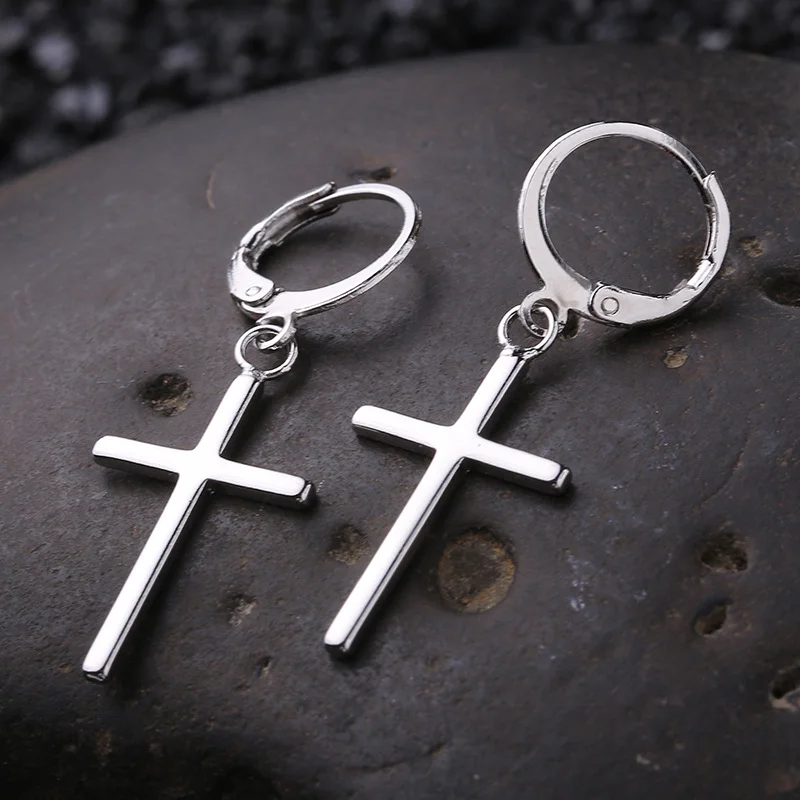 

Mens Silver Color Hoop Earrings with Cross Charm Party Jewelry Anti Allergic Pierced Earrings