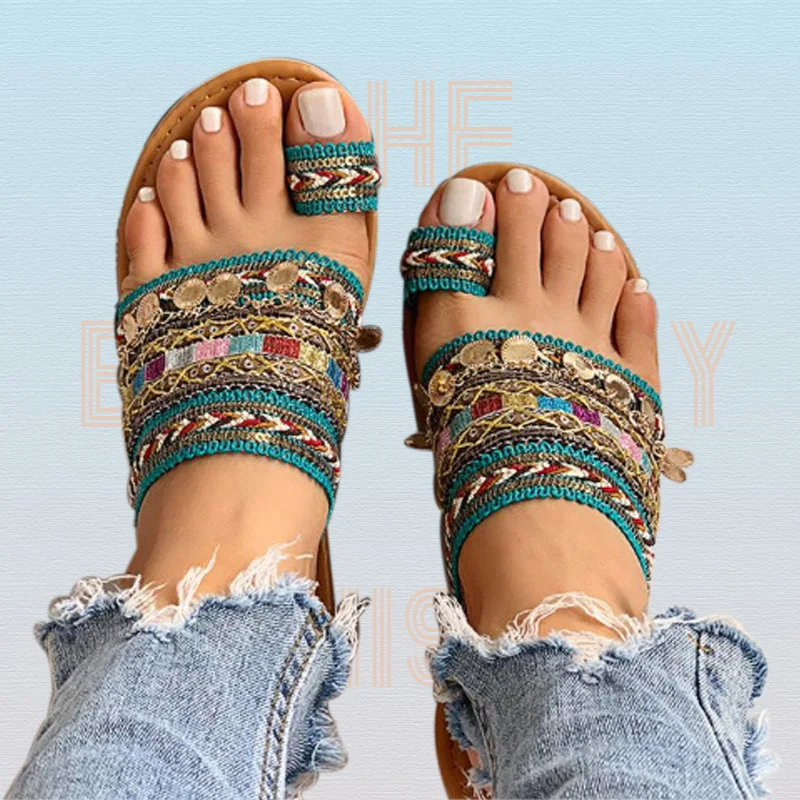 

Шлепанцы женские в этническом богемном стиле, Нескользящие сандалии с блестками, Уличная обувь на плоской подошве, греческие тапочки, лето
