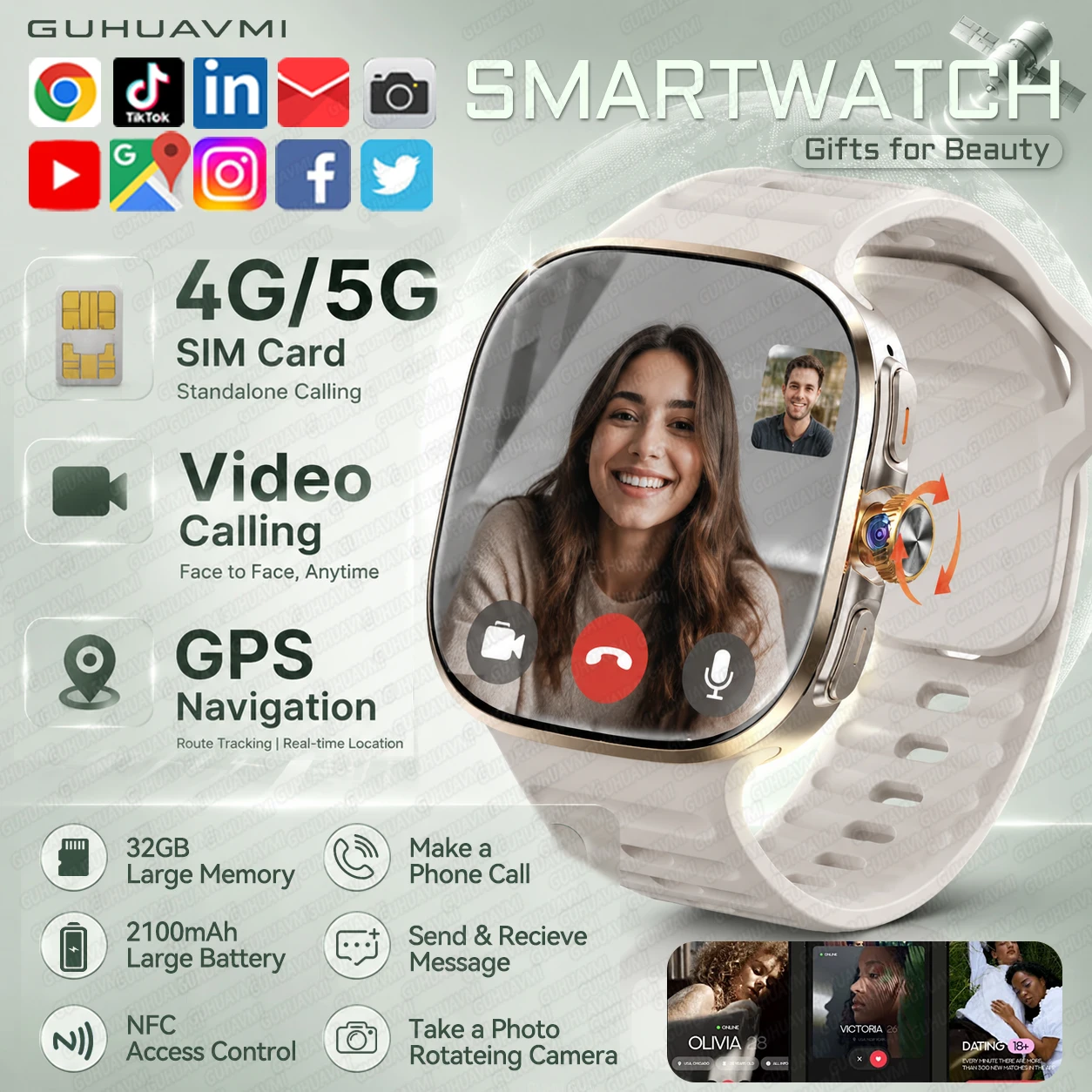 Фото Новые умные часы с SIM-картой 4G для женщин, вращающаяся камера, Wi-Fi, GPS-навигация, 2100 мАч, фитнес-трекер, MP3-плеер, NFC, часы для мужчин №1