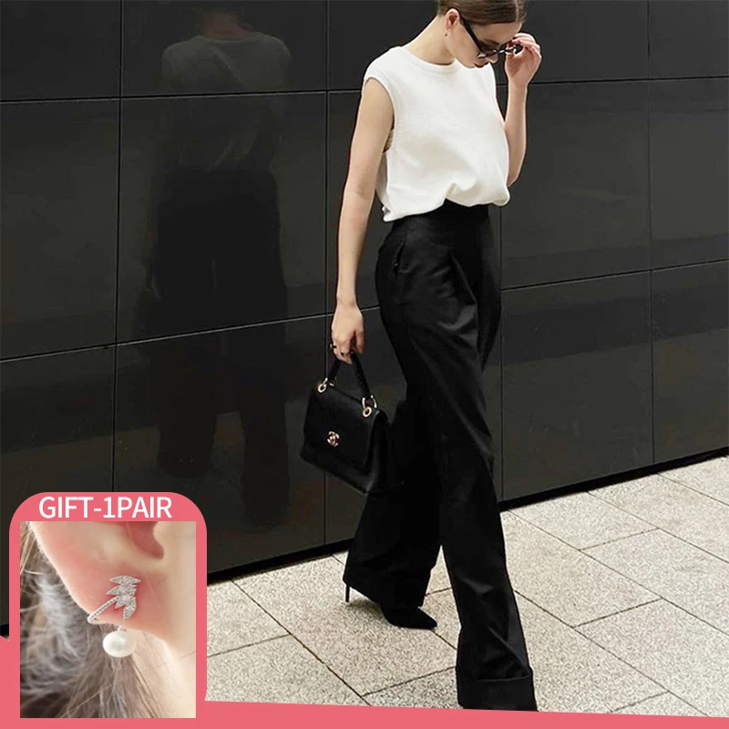 

2022 Summer New Black Trousers Loose High Waist Drape Pants Women's Wide Leg Pants Solid Color Commuter Long Suit Trousers