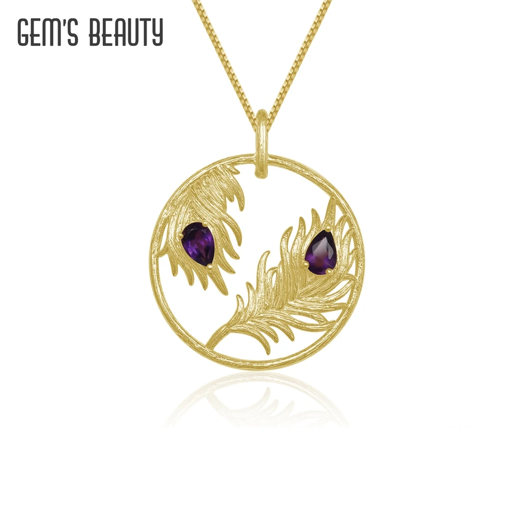 

GEM'S BEAUTY Golden Feather 925 Sterling Silver Round Women Pendant Necklaces Authentic Silver Gold Plated Natural Amethyst