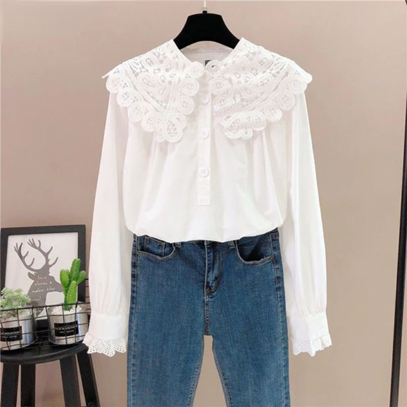 

Woman Hollow Out Women Blouse 2023 Female Print Solid Vintage Button Up Shirts Top Ladies Long Sleeve Mesh Design Top Femme G436