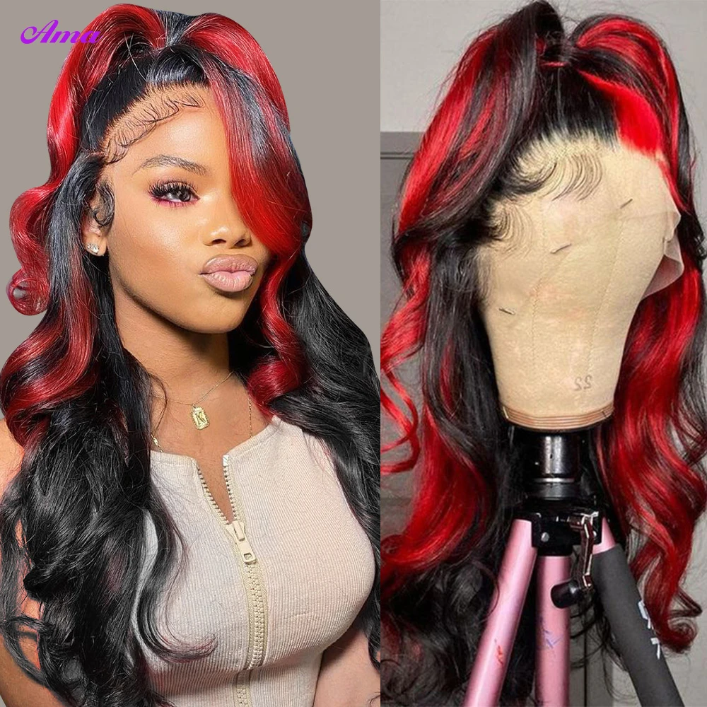 Ama Red Highlight Wig Body Wave Lace Front Wig Ombre Red With Black Colored Human Hair Wigs PrePlucked Brazilian 13x4 Lace Wig