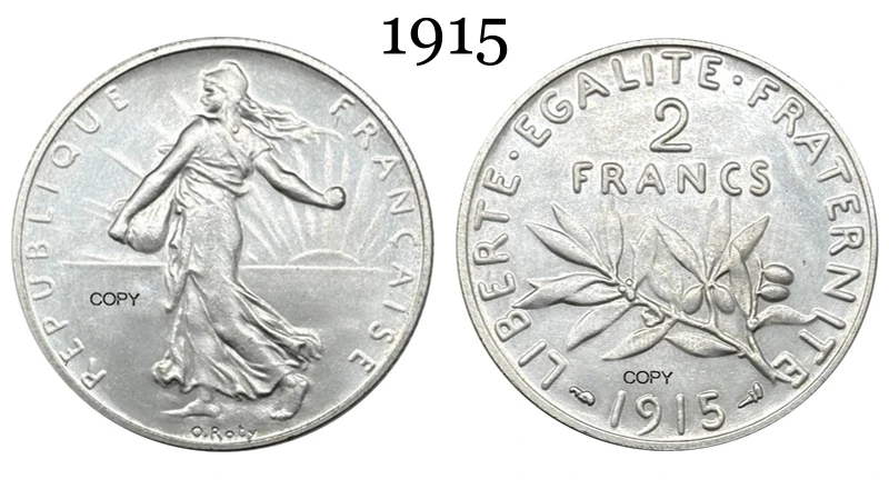 

Копия серебрянной монеты Франция 2 франка 1914-1917 год