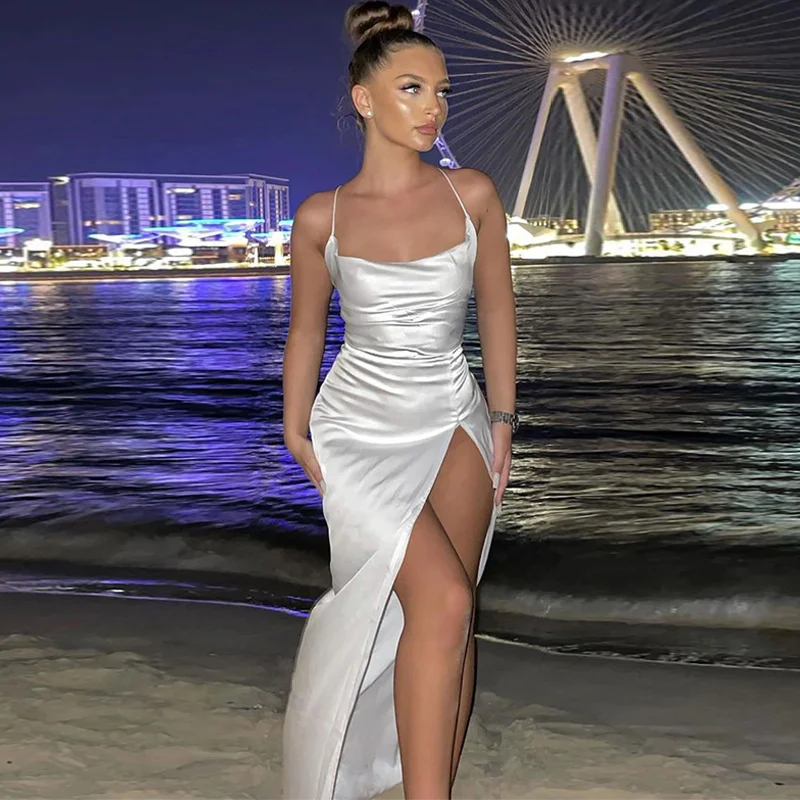 

Sylph Solid Swing Collar Party Dresses Bodycon Bandage Sleeveless Slit Maxi Dress 2022 Sexy Slim Elegant Outfit Y2K Clothing