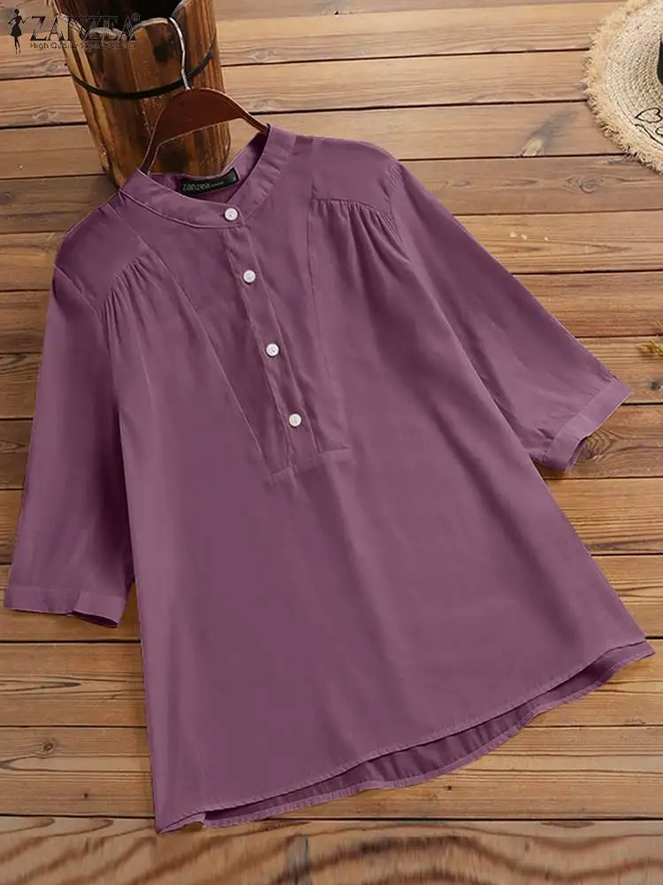 

Большие женская блузка ZANZEA 2023 летняя блуза с короткими рукавами и пуговицами спереди Повседневный однотонный пуловер со стоячим воротником Blusa Femininas