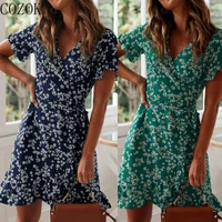 cozok 2022 fashionable printed bohemian beach v neck womens chiffon dress summer dress