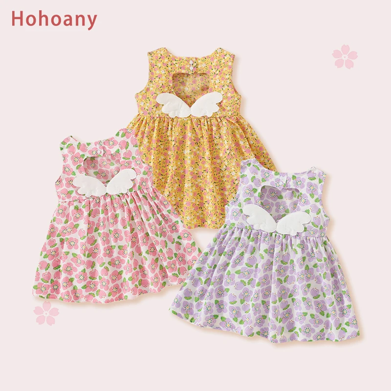 Summer Chiffon Floral Baby Girl Dresses Thin Breathable Children's Clothing Wings Backless Toddler Costume For 0 To 3 Years Old