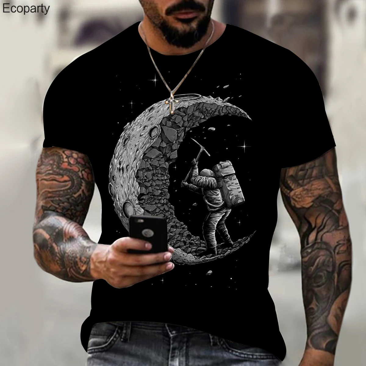 

2022 Men Space Astronaut Black Shirt Top Design Hot Summer Men's New Round Neck Short Sleeve 3D Printed T-shirt High Quality