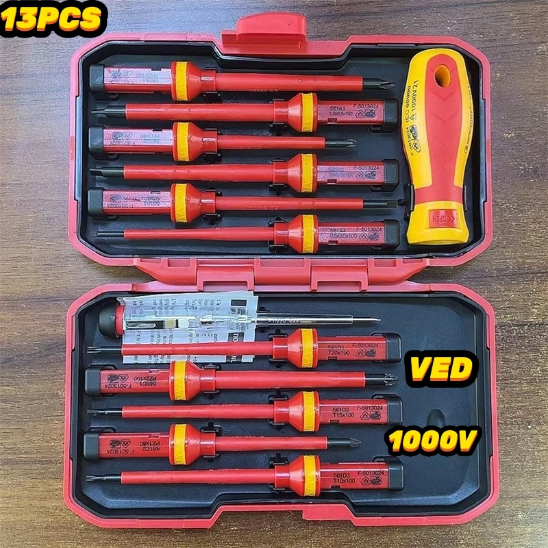 

13/Pcs VDE Insulated Screwdriver Set 1000V Slotted Phillips Screw Driver Bits Kit With Tester Pen Electricians Repair Hand Tools