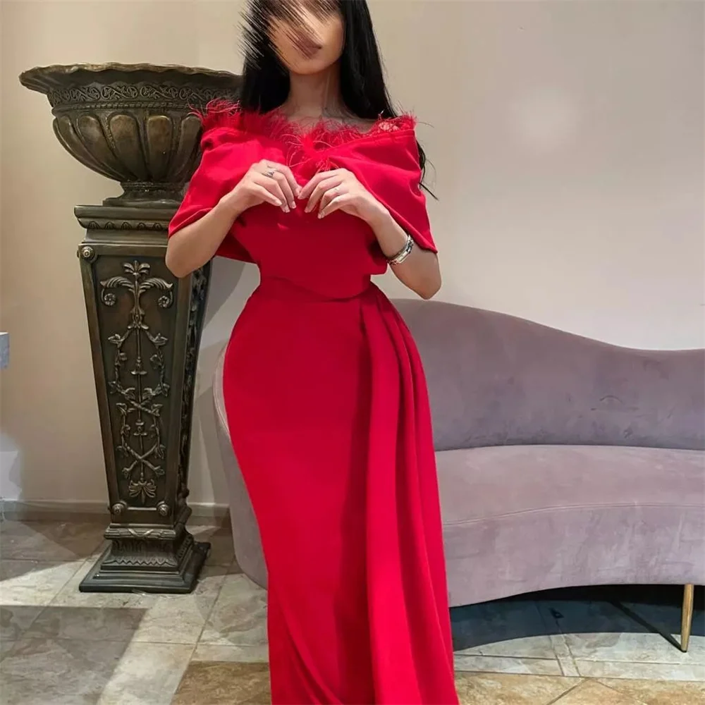 

GORGA Fashion Feathers Strapless Off The Shoulder Short Sleeve Mermaid Evening Dress Floor Length Sweep Train Prom Gown New 2023