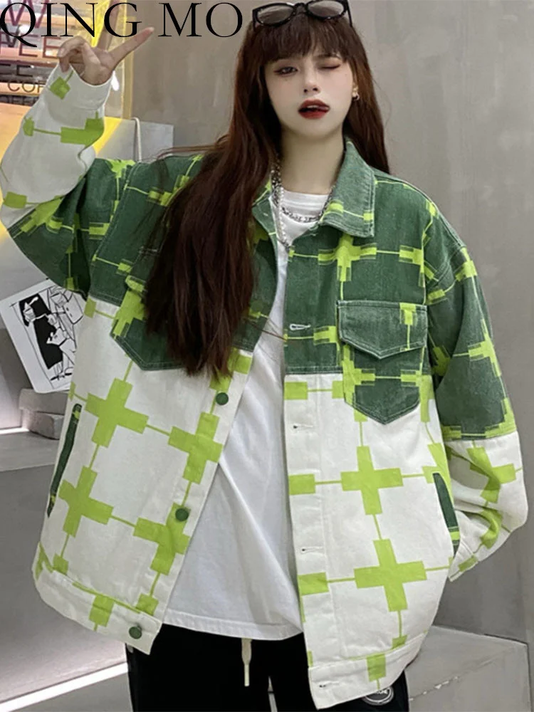 

QING MO Women Lattice Pattern Denim Coat Loose Single-breasted Printing Hong Kong Style Age Reduction Coat 2023 Autumn LHX1046A