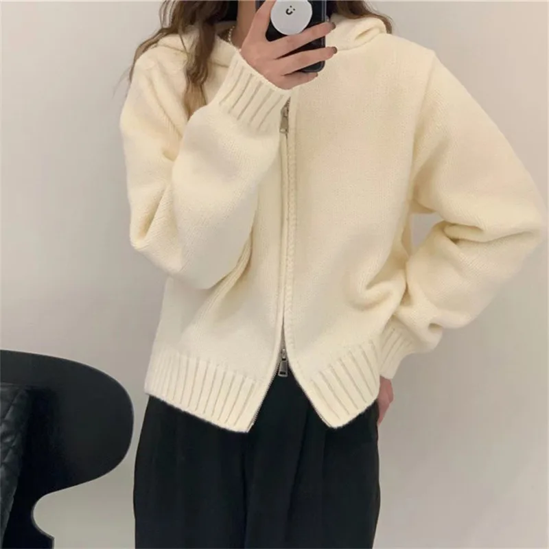 

Hooded gray double zipper knitted cardigan for women in autumn and winter, lazy and foldable short and chic top