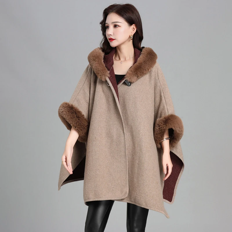 Oversized Loose Single Button Cardigan Rex Rabbit Fur Collar Capes & Ponchos Hooded Faux Fur Large Size Coat Autumn Winter